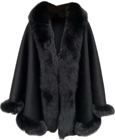 Dahlia Women's Winter Cape Coat, Luxurious Faux Fur Trim, Fleece